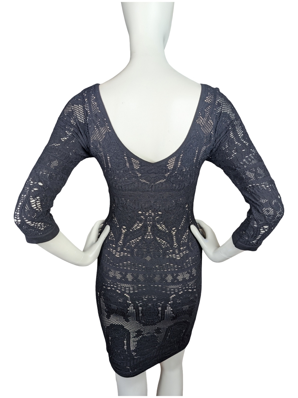 Vintage Y2K bebe Made USA Black Lace Nude Lined Bodycon Bombshell Dress M/L - Picture 4 of 9